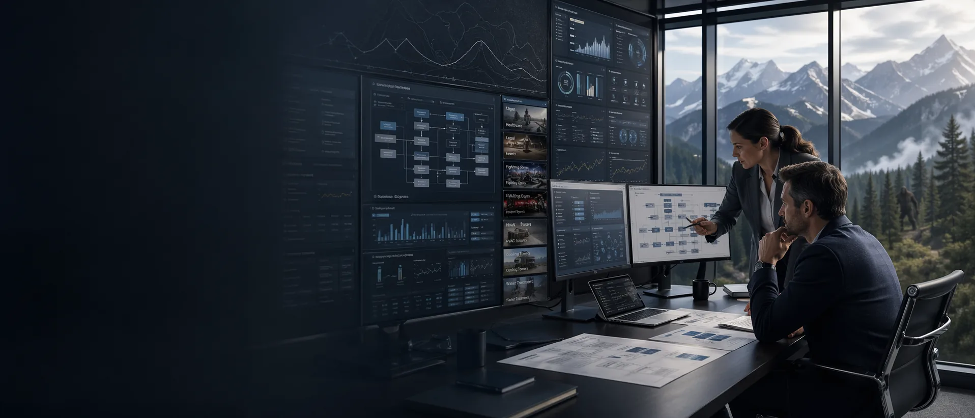 Handle More Business. Keep More of the Upside. | Set Up Shop Online Illustration of business leaders reviewing a dashboard in an office overlooking mountains